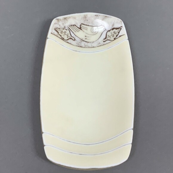 Lynn Latimer Tray Trinket Dish Fused Art Glass Bird Yellow White Brown Signed - Picture 7 of 11